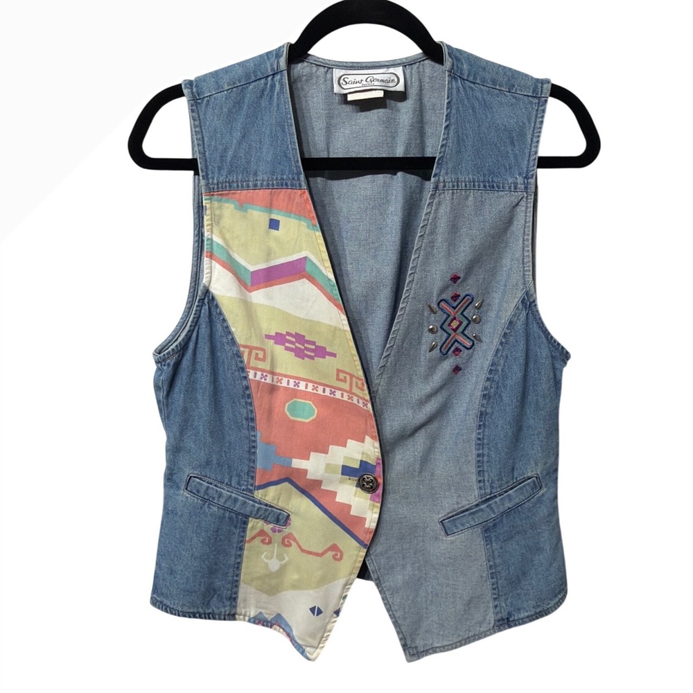 Saint Germain Paris Vintage Denim Vest Southwestern Studded‎ Blue Medium Petite